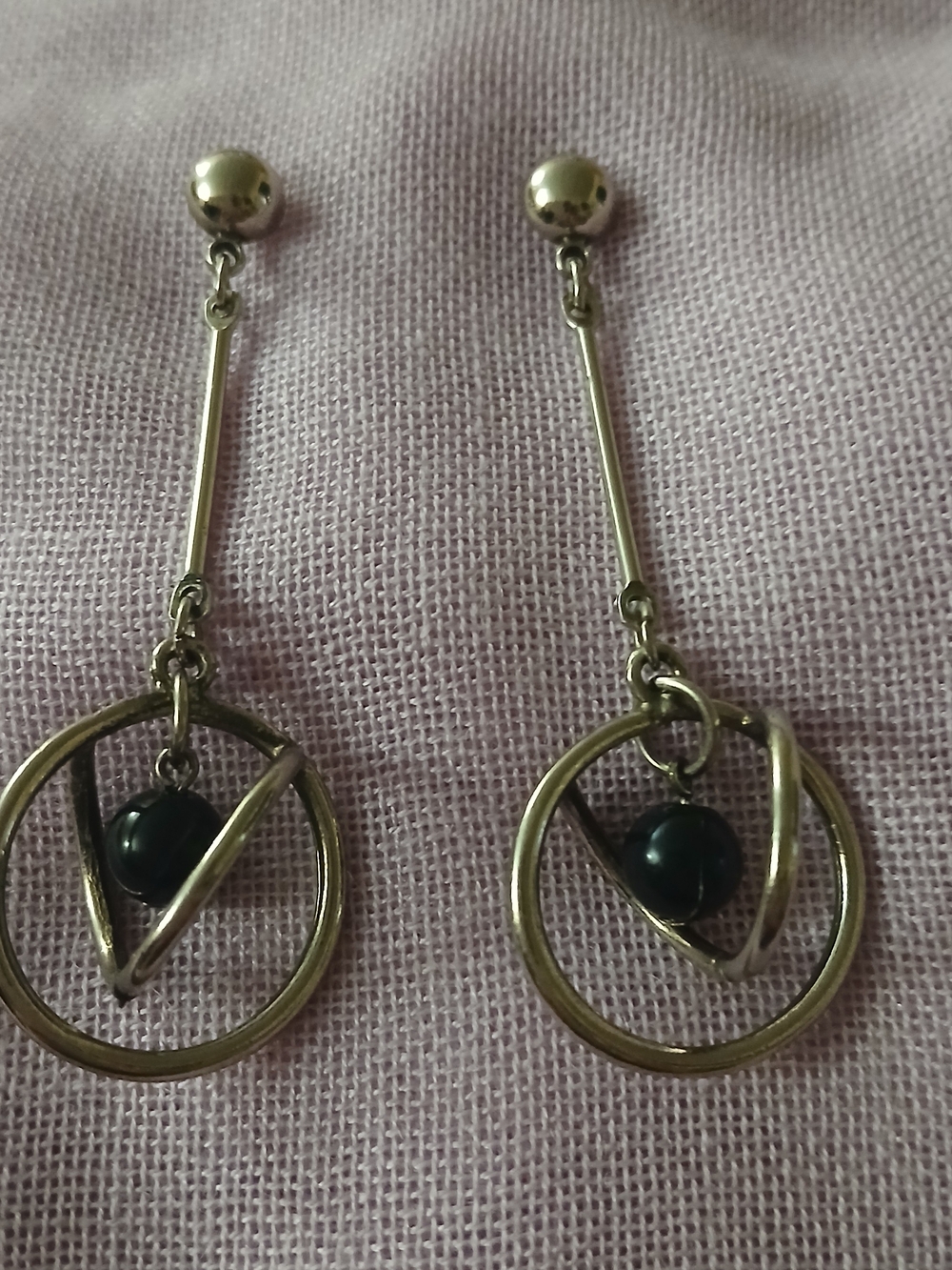 Vintage Art Deco Silver-Tone Drop Earrings with Black Bead Accent